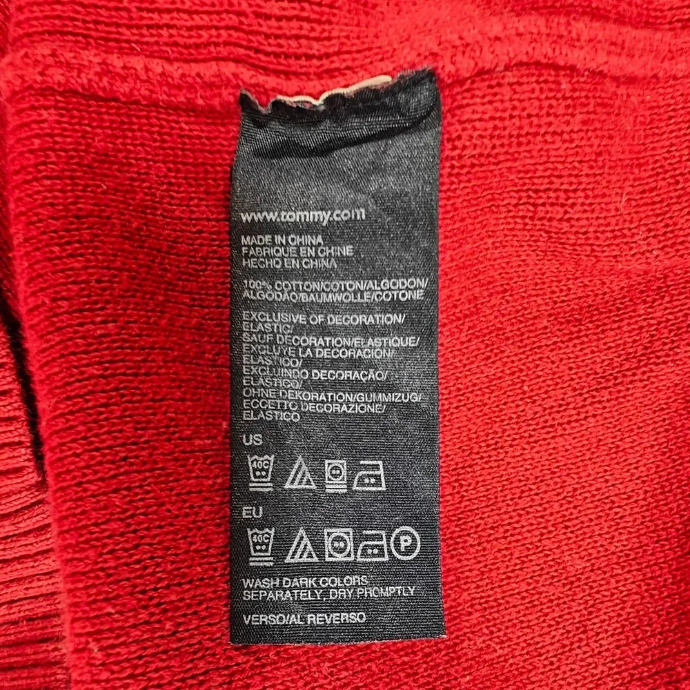 Tommy Hilfiger Mens Red Quarter Zip Cotton Knit Sweater Large Flag Logo Striped